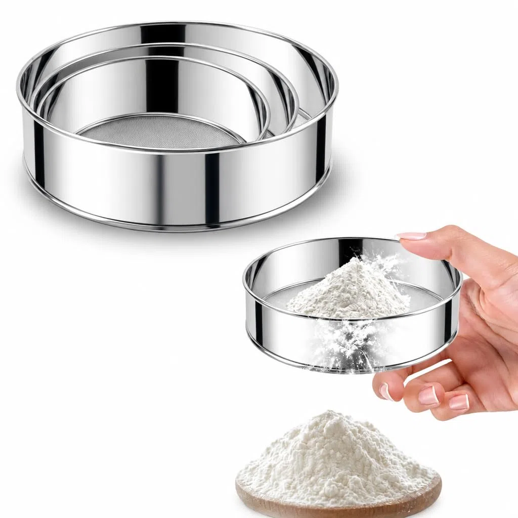 3 setacci a maglia fine con spazzola, setaccio rotondo in acciaio inox per cottura, setaccio per farina da 20,3 cm, 60 maglie, 15,2 cm 40 mesh e 10,2 cm 40Mesh