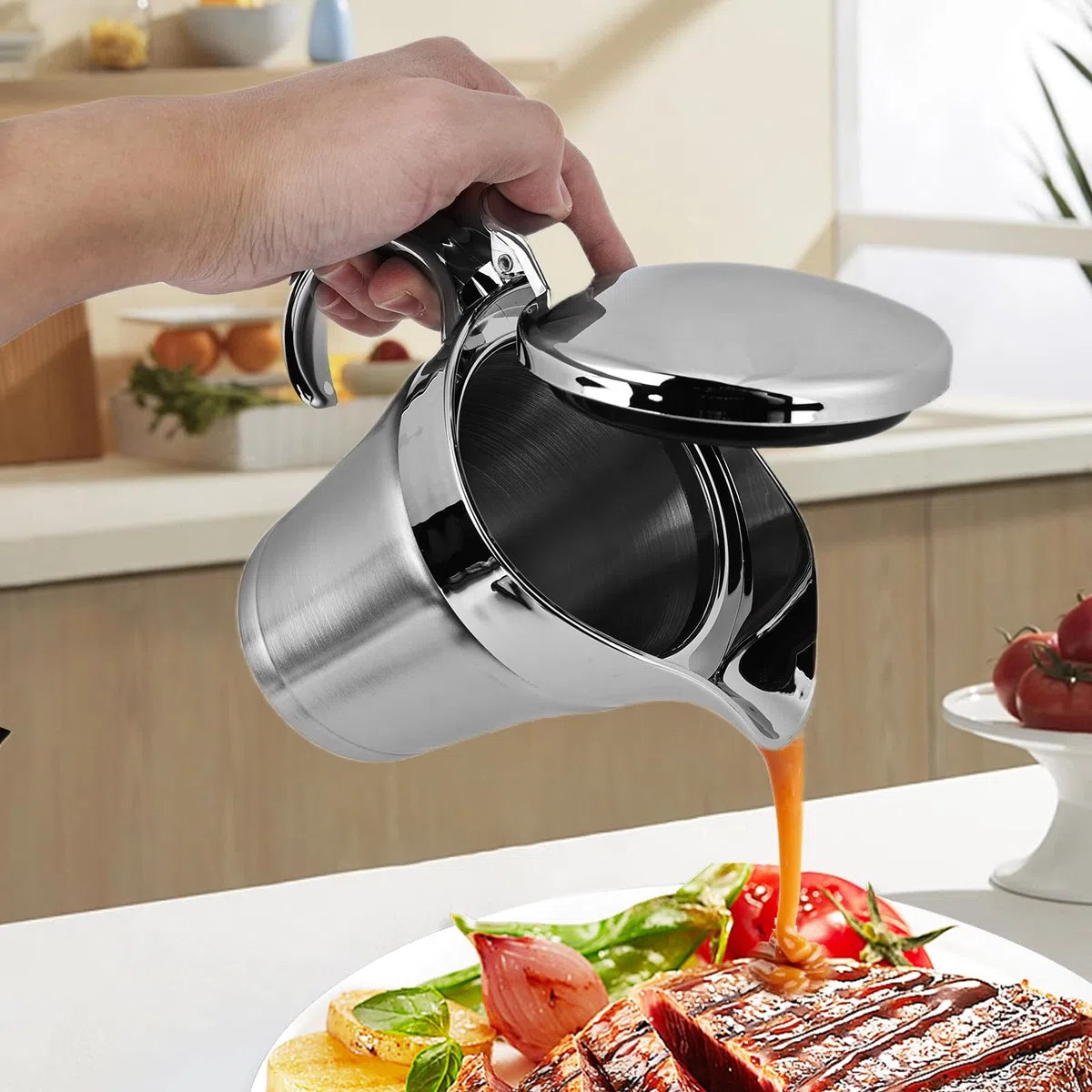 Salsiera termica in acciaio inox, con coperchio ribaltabile, 750 ml, ciotola per salsa in argento, doppio isolamento, vaso per salsa termica, posacenere per crema alla vaniglia, salsa maionese, latte