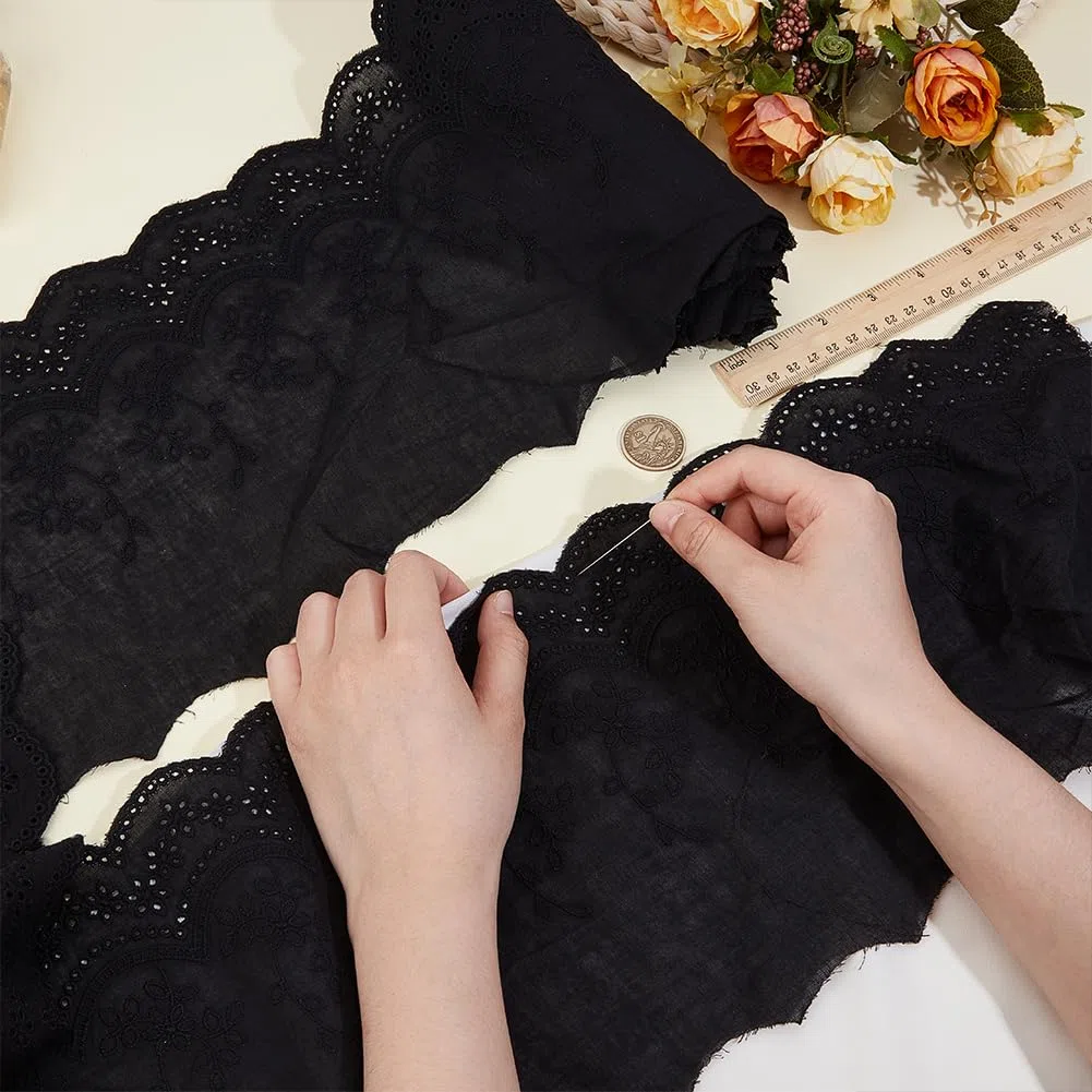 BENECREAT 4.6m di Pizzo con Occhielli In Cotone Nero, Pizzo Smerlato Ricamato Largo 20cm per Cucire Abiti, Borse, Vestiti, Animali Domestici, Decorazioni