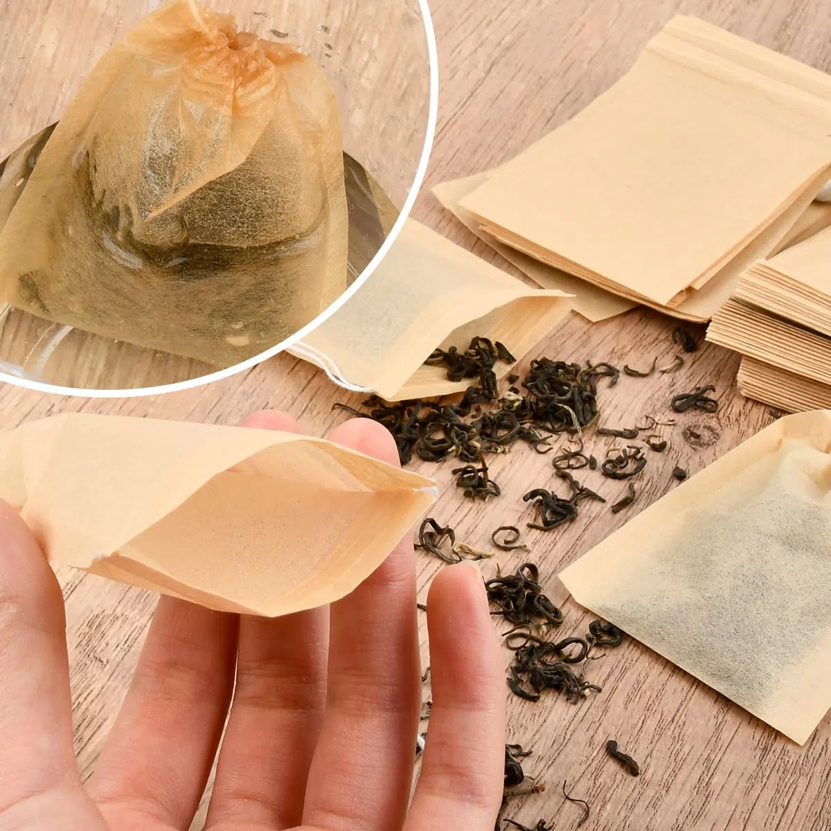 BUYGOO Sacchetti Usa e Getta per il Tè 300PZ con Coulisse, Bustine Filtri Te, Filtri per Tisane Sfuse Te Usa e Getta Filtro Tisana Bustine per Infusione Tisane Sacchetti Filtro per Tè con Coulisse