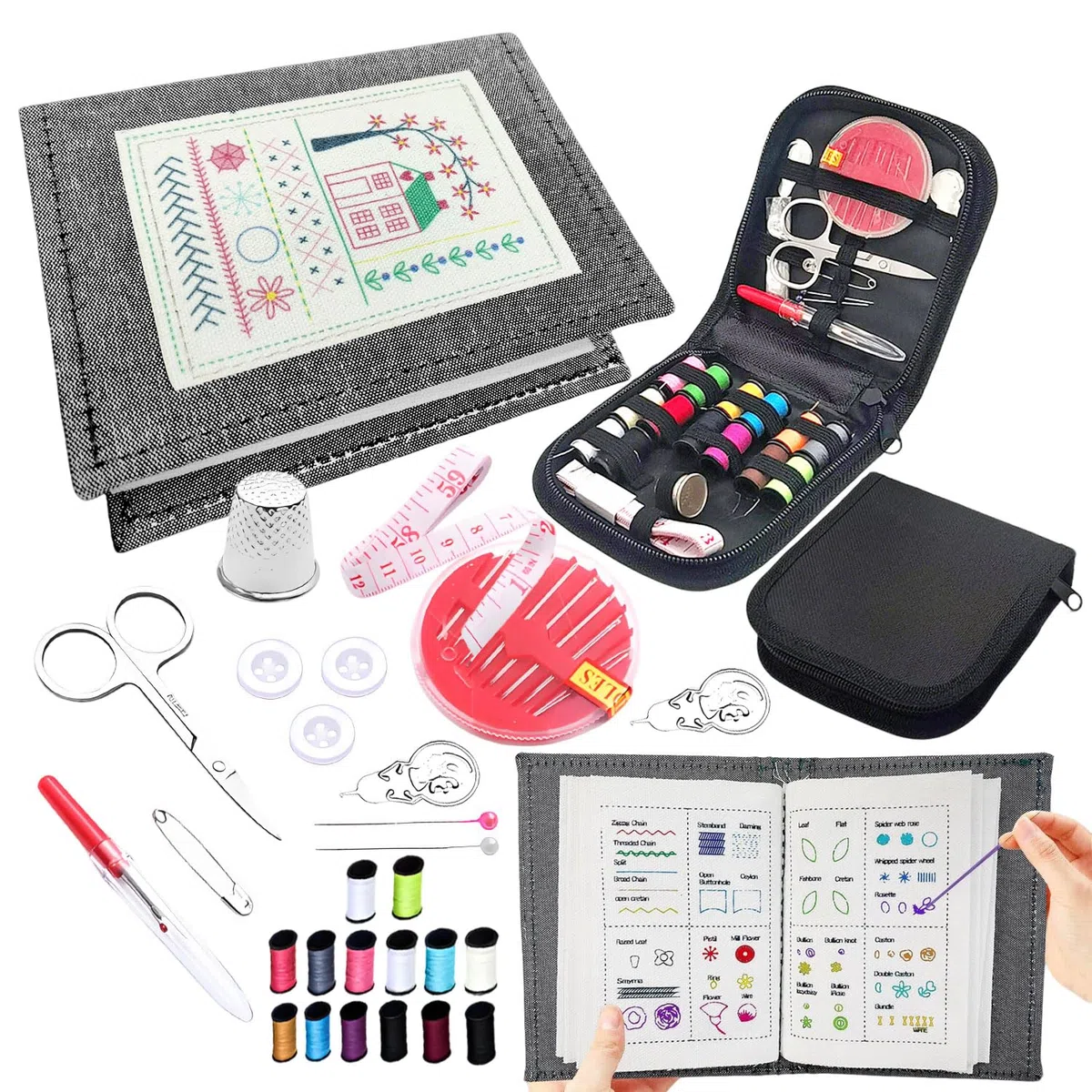 Libro di Ricamo Set Fai da Te in Lino Embroidery Stitch Book Libro da Ricamare Creativo con Kit Strumenti Cucire 106 Schemi Punti per Esercitarsi Mini Kit Ricamo Principianti Adulti e Appassionati