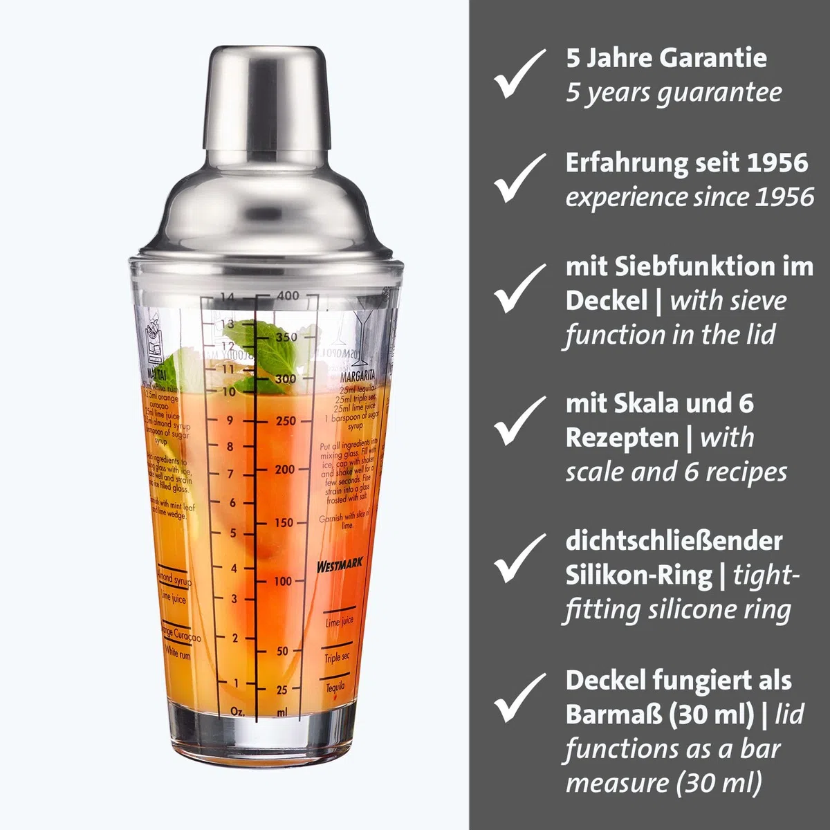 Westmark Shaker per cocktail Sam – shaker con bilancia e colino, miscelatore professionale per cocktail, accessori per bar, include ricette – acciaio inox, vetro, 400 ml