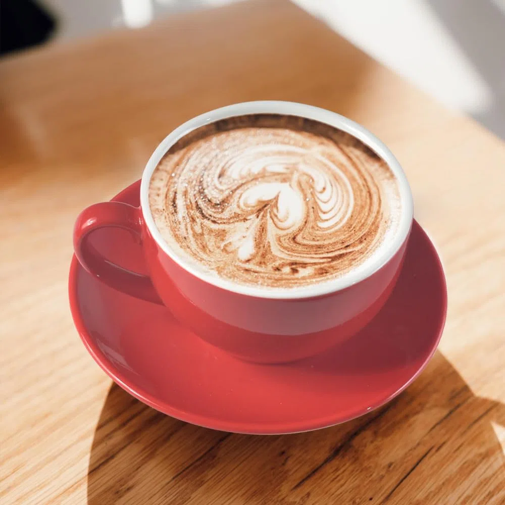 ionEgg Tazza da caffè in porcellana con piattino, 220 ml, per cappuccino, latte e tè, rosso