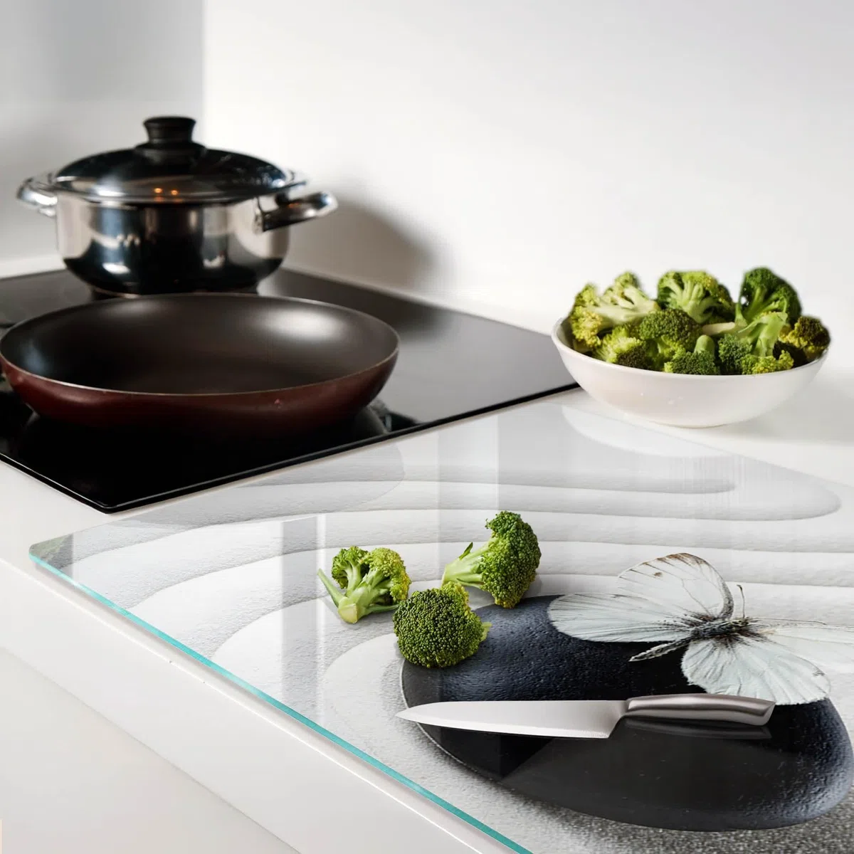 Tagliere in Vetro Temperato 80x52 cm da Cucina con Piedini Antiscivolo Durevole e Igienico Resistente al Calore con Stampe Facile da Pulire Rettangolare Antigraffio - Farfalla Zen