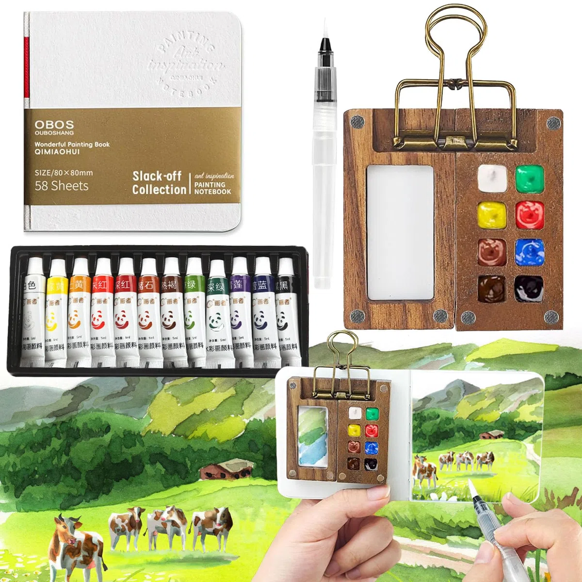 Set di 5 mini acquerelli da viaggio, 8 griglie in legno, tascabili in legno, kit per acquerelli Tobios pieghevoli, per pittori, artisti e studenti (album da disegno, tavolozza, clip in