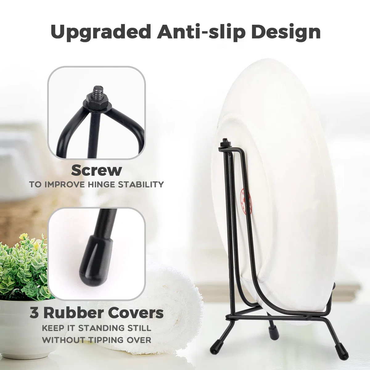Mocoosy 4pcs 6 pollici migliorato antiscivolo espositore, decorativo piatto supporto foto titolare nero Espositore cavalletto in ferro per display cornici, piatti, libri di cucina, tablet e arte