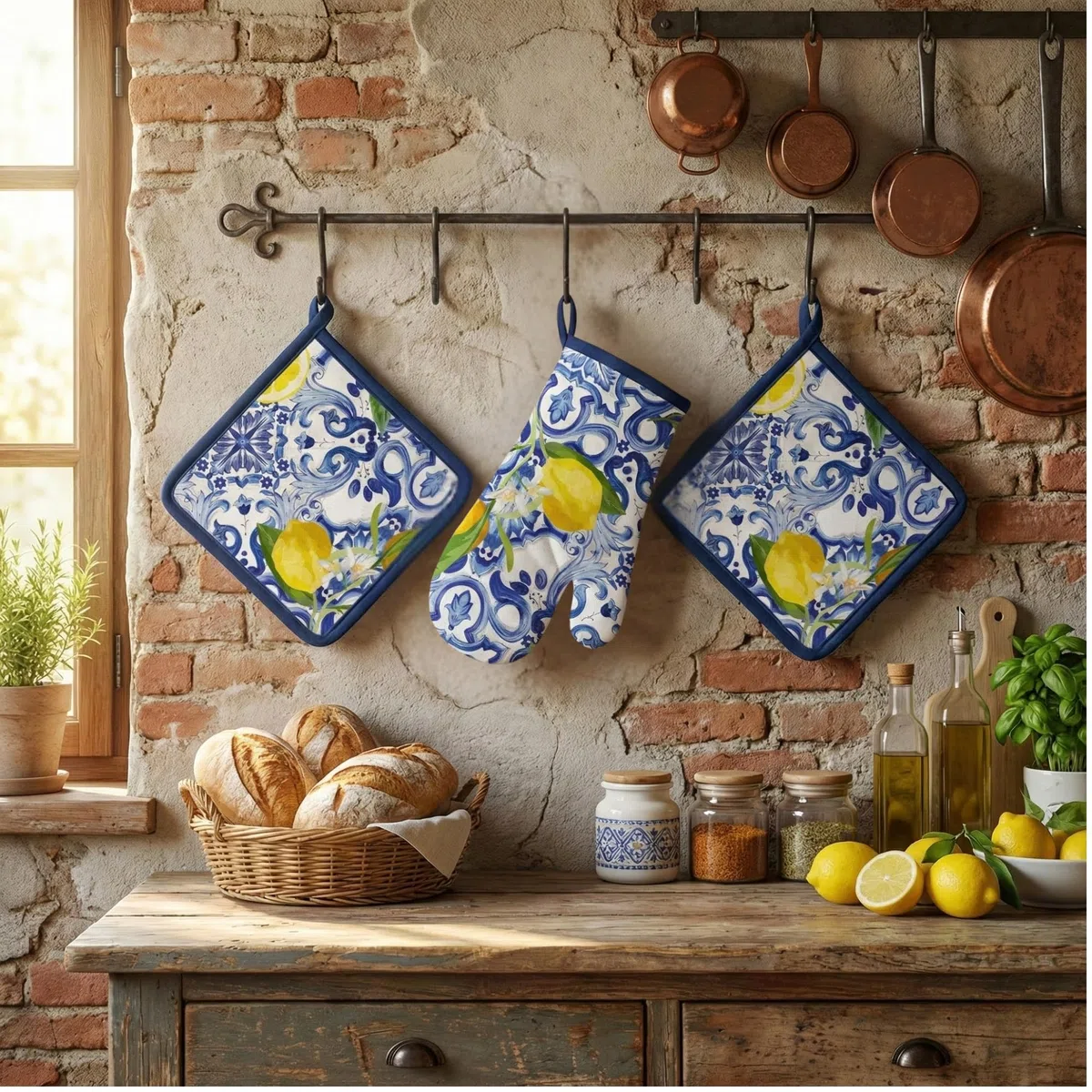 Set Presine da Cucina e Guanto da Forno in Cotone, Guanti da Cucina più 2 Presine con Fantasia Decorativa, Guanto forno 32x18 cm, Presina 20x20 cm