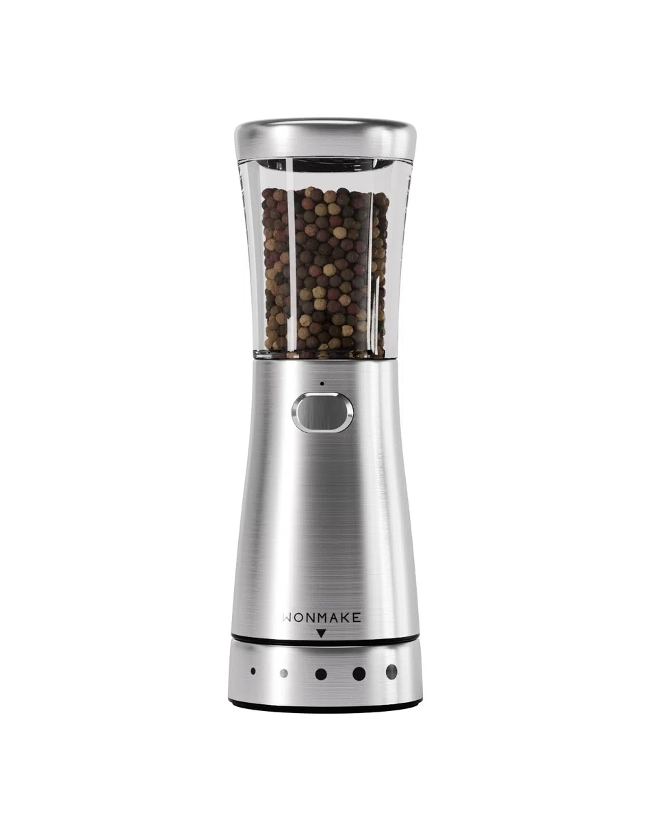 Macina sale o pepe elettrico con grande capacità di 127,6 g, in acciaio inox, ricaricabile, con bocca larga 4,6 cm, grana regolabile, base portaoggetti, gadget da cucina ideale