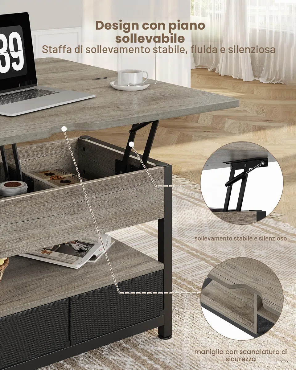 Tavolino Salotto,Tavolino da caffè Regolabile in Altezza, 3 in 1 Multifunzionale, con Vano Nascosto, Tavolino da Caffè con Cassetto, il Tavolino si Lascia in un Tavolo da Pranzo per Soggiorno, Grigio