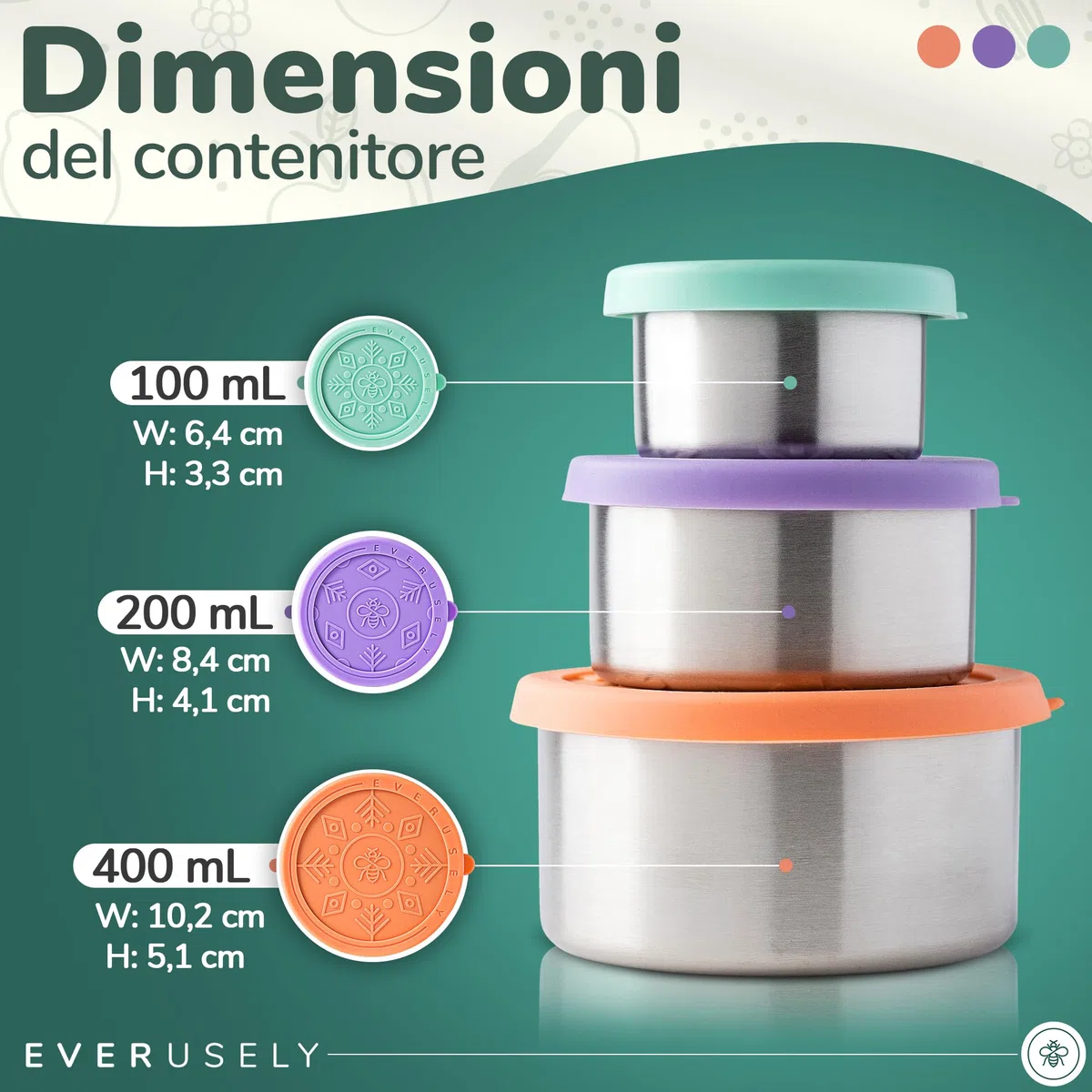Everusely - Contenitori per Alimenti in Acciaio Inossidabile - Set da 3, Bright - Portapranzo in Metallo Contenitori per Snack per Ufficio, Conservazione a Casa - Coperchi Antifuga