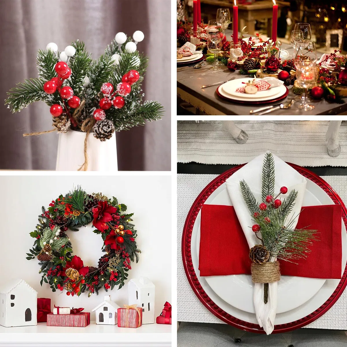 14 Pezzi Rami di Pino Artificiale per Natale Rami di Abete con Pigne Bacche di Agrifoglio di Natale Artificiale per Decorazione di Ghirlande Natalizie Decorazioni da Tavola