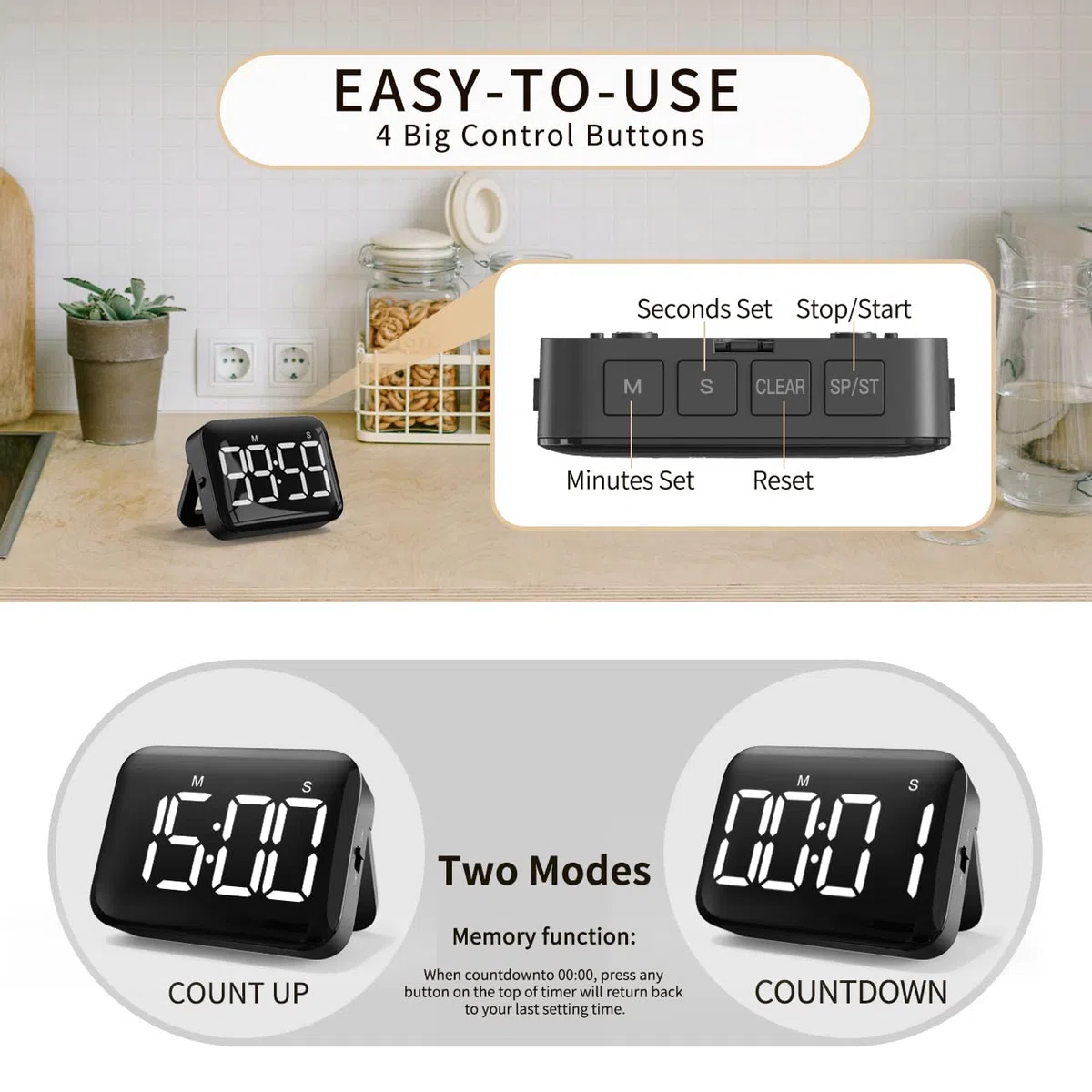NOKLEAD Digitale Timer da Cucina: cronometro con conto alla rovescia magnetico con ampio display a LED, volume e luminosità regolabili, facile da usare per bambini anziani (batterie incluse) (nero)