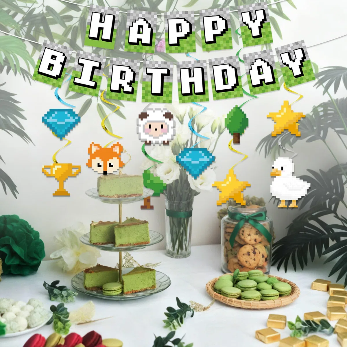 Striscione di Buon Compleanno Pixel, Striscione di Buon Compleanno Pre-Infilato a Tema Gaming con 10 Spirali Appese per Decorazioni Feste Pareti Casa e Porte