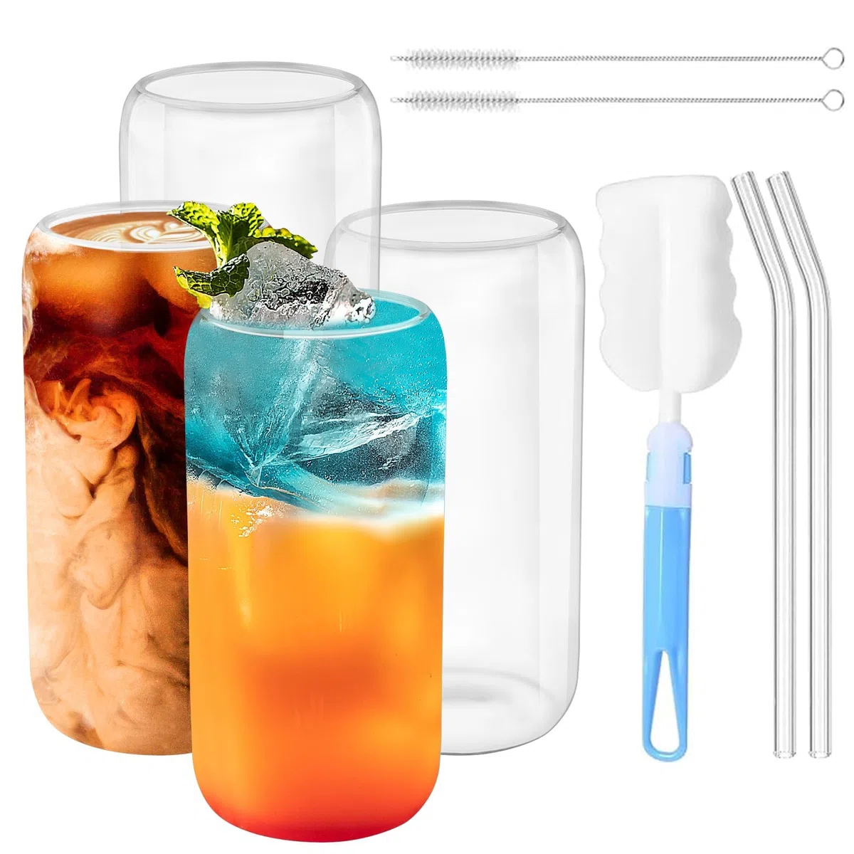 Tazza con Cannuccia, 4 Pezzi Tazzine Caffe Vetro 500ml, Bicchieri da Acqua con Coperchio e Cannuccia Adatta per cappuccino Tè al Rum e Bevande Fredde
