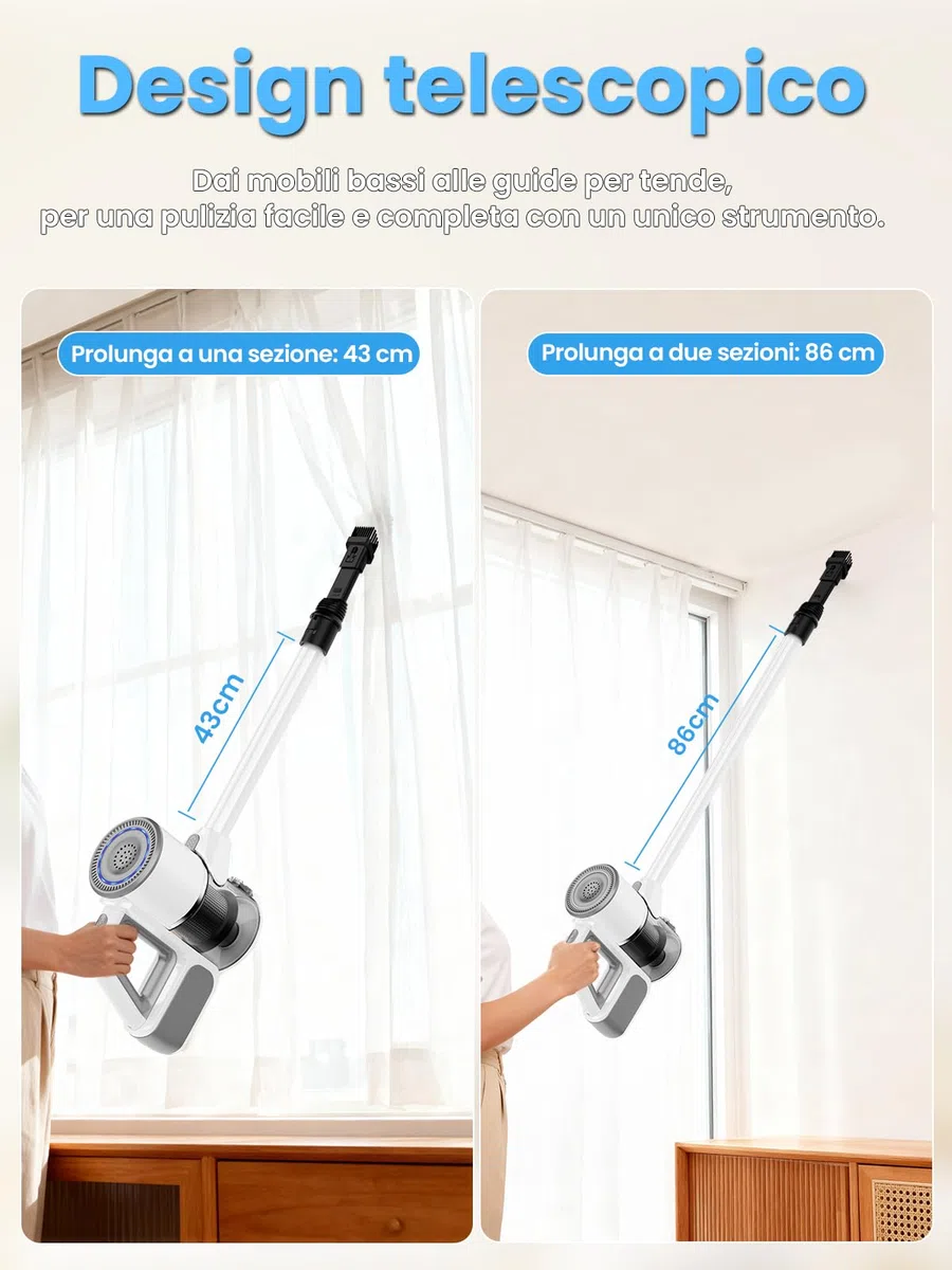 VersLife S6 Scopa elettrica senza fili 2 in 1 con Tubo di Prolunga, Multifunzione, Multiple Spazzole, Ricarica USB Tipo C, Filtro HEPA, Filtrazione Multipla, per Pavimenti in Legno/Divani (bianco)