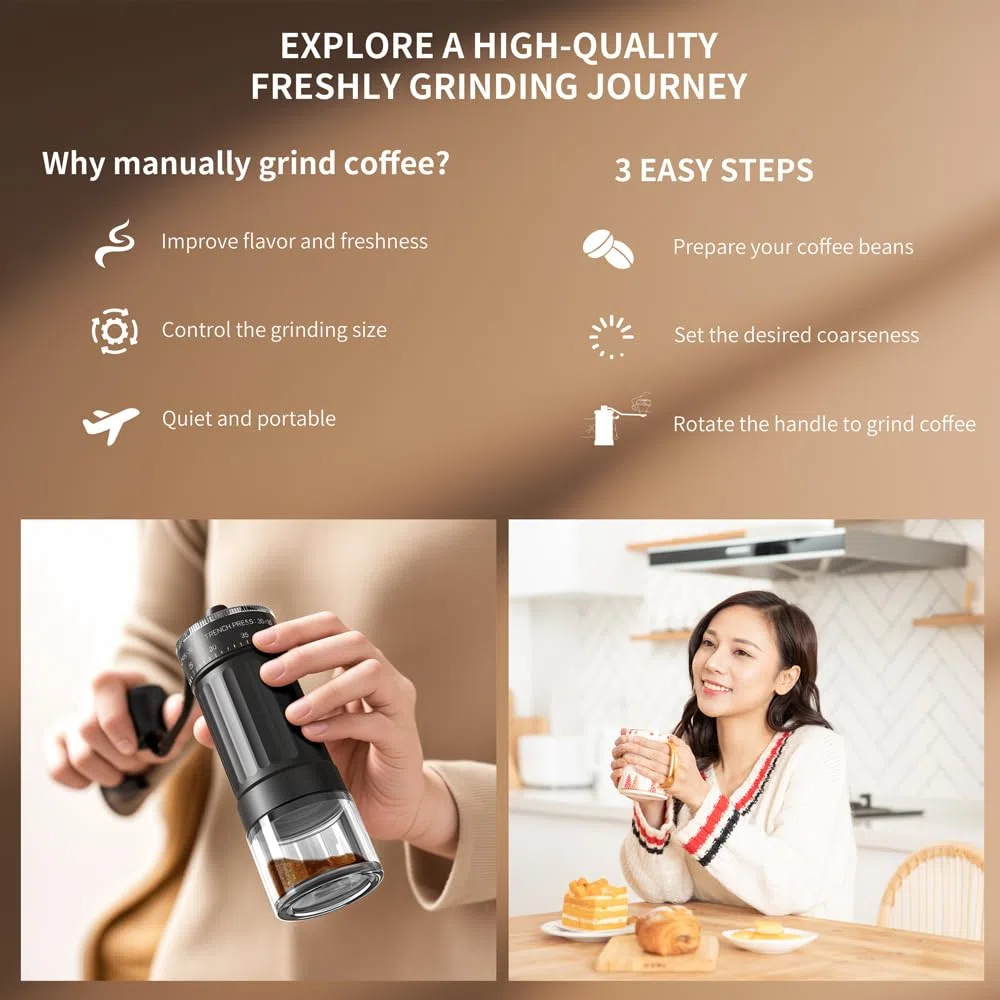 Macinacaffè Manuale Regolabile, Macinino Caffè a Mano con Impugnatura Pieghevole e Acciaio Inox, Macinacaffè Manuale con Meccanismo Conico in Ceramica Precisione per Espresso et French Press