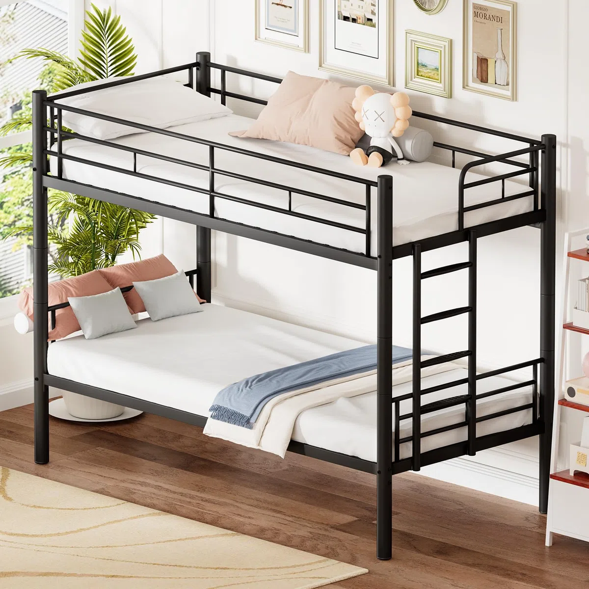 Letto a castello 90 x 200 cm, letto a castello in metallo può essere diviso in due letti singoli, letto a castello con scala e protezione dalle cadute per ragazzi e adulti, nero