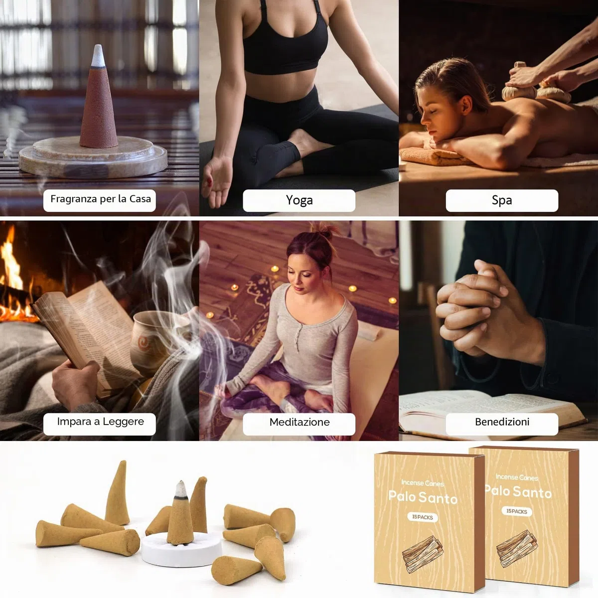 SCENTORINI Incenso coni 120 pz, Profumi Palo Santo, Coni di Incenso Naturale per Meditazione Yoga Purificazione Relax