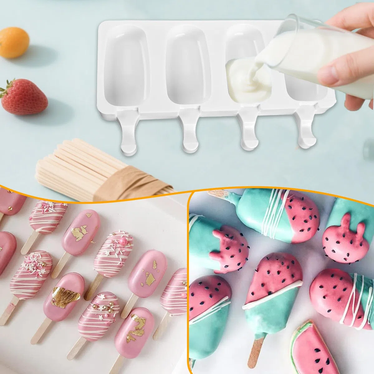 2 Pezzi Stampi Gelato con 100 Bastoncini Legno e Coperchio, 4 Cavità Stampo Ghiaccioli Silicone, Formine per Cioccolato Congelato Fai Te, Stampini Gelati Riutilizzabile per Bambini Adulti