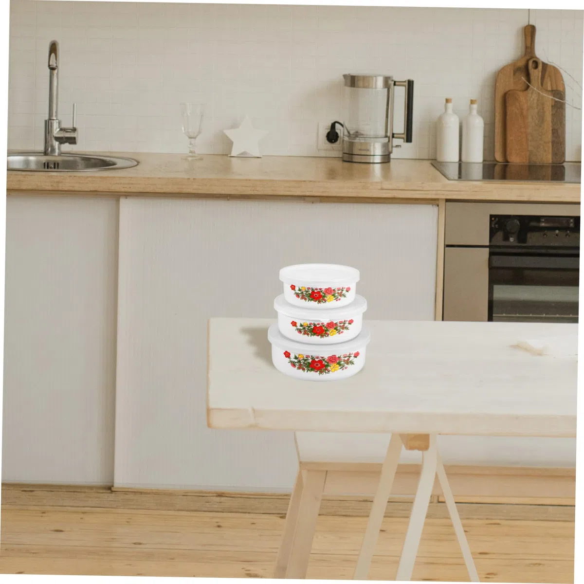 Hemobllo Set Di 3 Ciotole Smaltate Coperchio e Motivo Floreale Casuale, Contenitori Cucina Versatili Per Frutta, Insalate e Zuppe, Per Casa e Ufficio