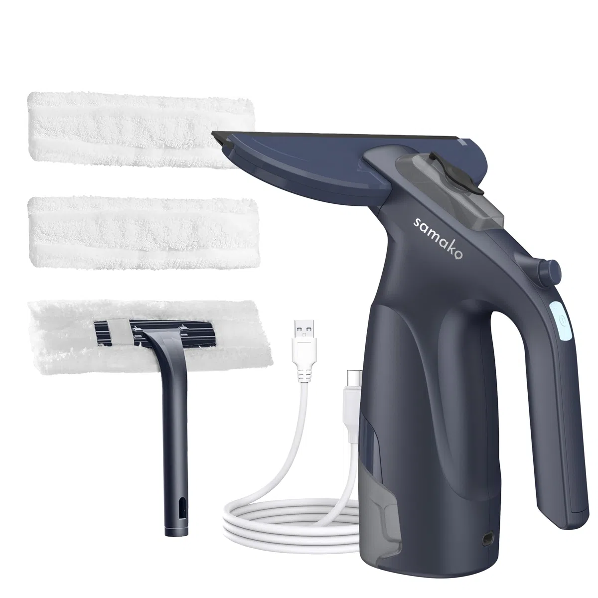 Samako CrystalClear Pulitore per finestre 3 in 1 – Aspirapolvere a batteria con funzione spray – Serbatoio rimovibile – Include 2 panni in microfibra