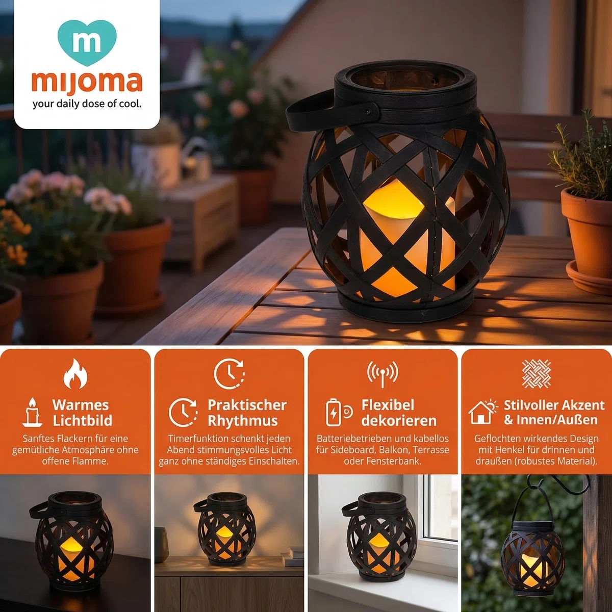 MIJOMA Portacandela antivento con manico e candela LED, funzione timer, 13,5 x 16 cm, in plastica, funzionamento a batteria, elegante decorazione per esterni e interni