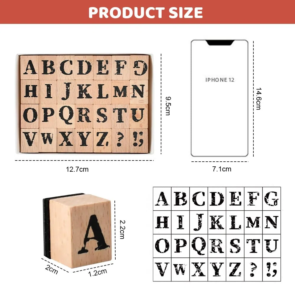 Set Timbri Lettere e Simboli Alfabeto, 28 Timbri a Forma di Lettere in Legno e Gomma con 26 A-Z e 2 Simboli Lettere Timbri Set Vintage Timbro in Legno per Scrapbooking, Fai-da-Te, Cartoline