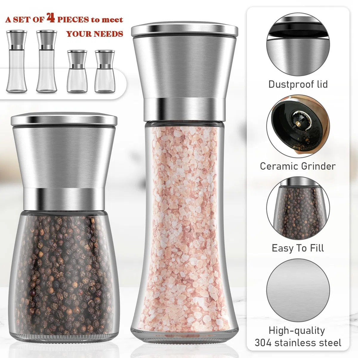 4 Pezzi Macina Sale Pepe,Manuale Saliera e Pepiera,Vetro e Acciaio Inox,Dimensioni Regolabili Dei Grani Macina con Nucleo di Macinazione in Ceramica[Senza Contenuto di Spezie]