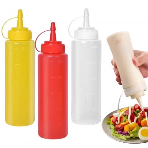 Bottiglia per Squeeze con Tappi, 3pcs Bottiglie di Plastica Squeeze, 250ml Cucina Flacone Dosatore, per Ketchup, Senape, Mayo, Salse Piccanti, Olio d'Oliva (Rosso + Bianco + Giallo)