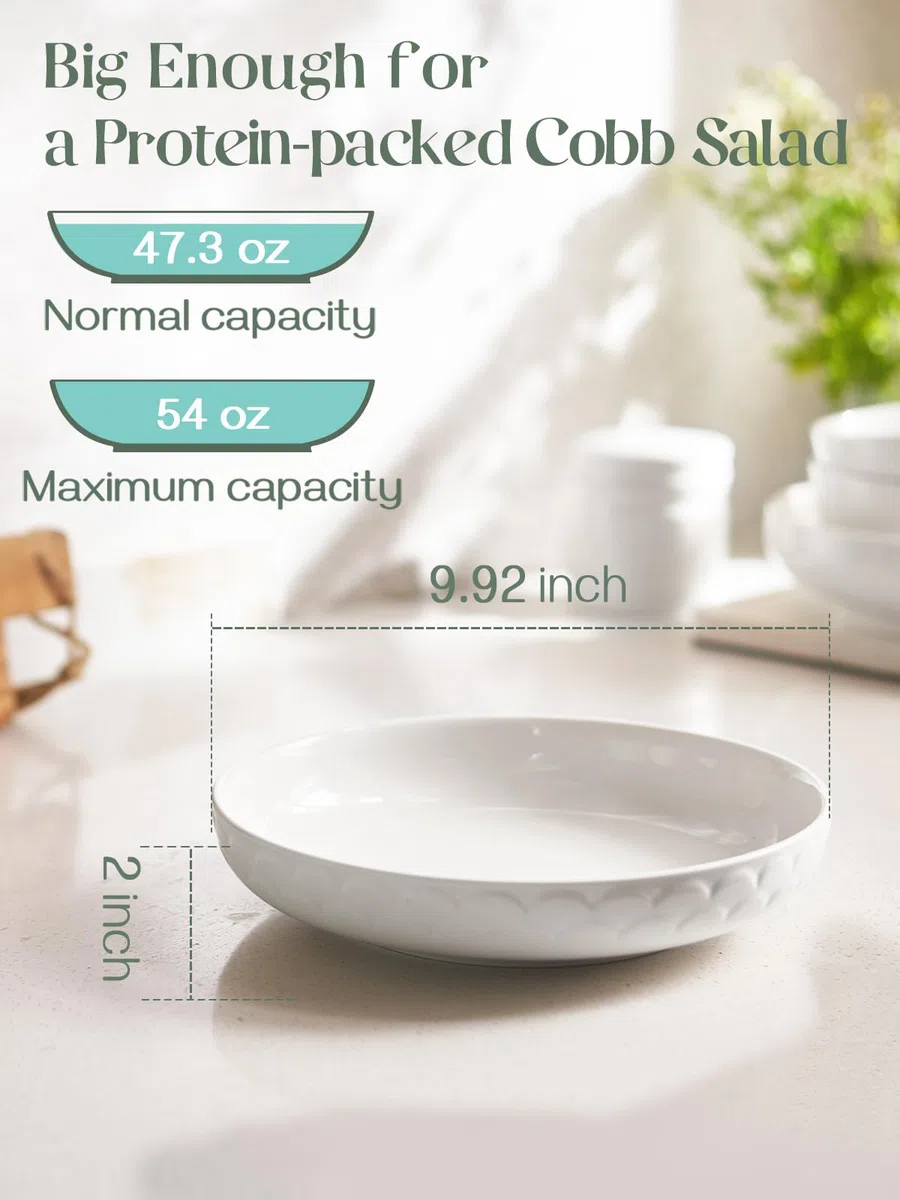DOWAN Set da 4 Piatti Piani, 1600 ml Grandi Ciotole per Pasta, Insalatiere è Fruttiere in Porcellana, Piattini da Pane è Dessert, Adatto al Microonde & Lavastoviglie, Ø25 cm x H5.0 cm-Bianco