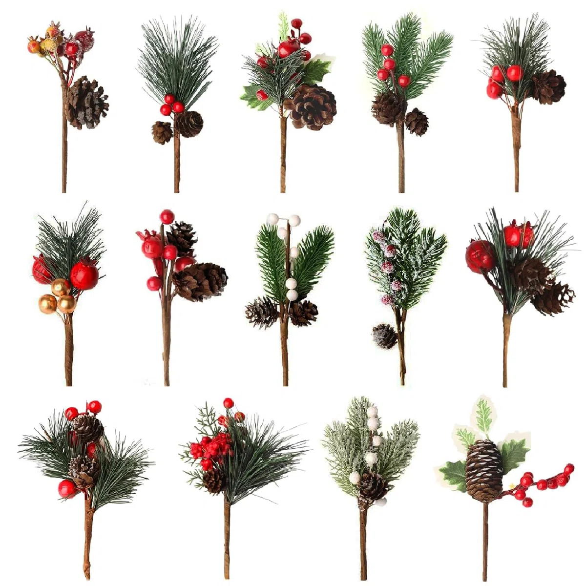14 Pezzi Rami di Pino Artificiale per Natale Rami di Abete con Pigne Bacche di Agrifoglio di Natale Artificiale per Decorazione di Ghirlande Natalizie Decorazioni da Tavola