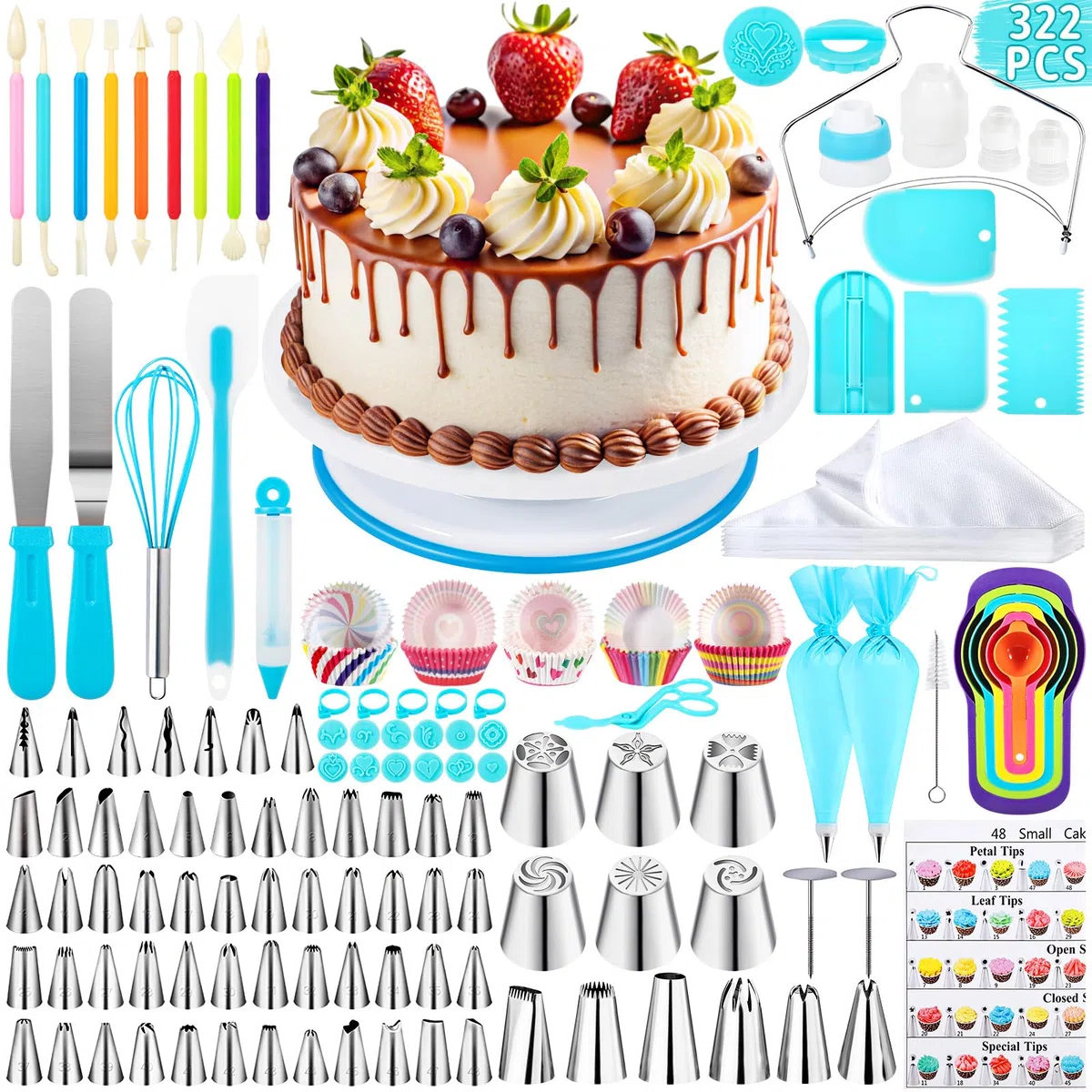 ROELLY Kit Pasticceria Professionale da 322 Pezzi, Utensili da Forno Piatto Girevole per Torte, Set Pasticceria, con Vari Stili di Beccucci sac a Poche, Impara a Cuocere e Preparare Torte