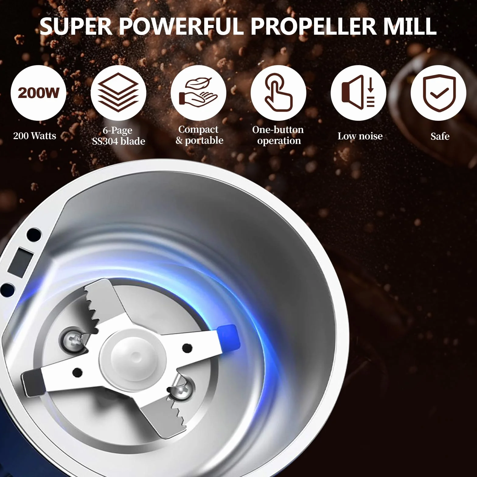 Macina Caffè Elettrico, Macinacaffè Elettrico per Spezie con Lame Acciaio Inossidabile 200W Macinino Elettrico Compatto Un Tocco per Chicchi di Caffè, Macina, Erbe, Cereali, Noci