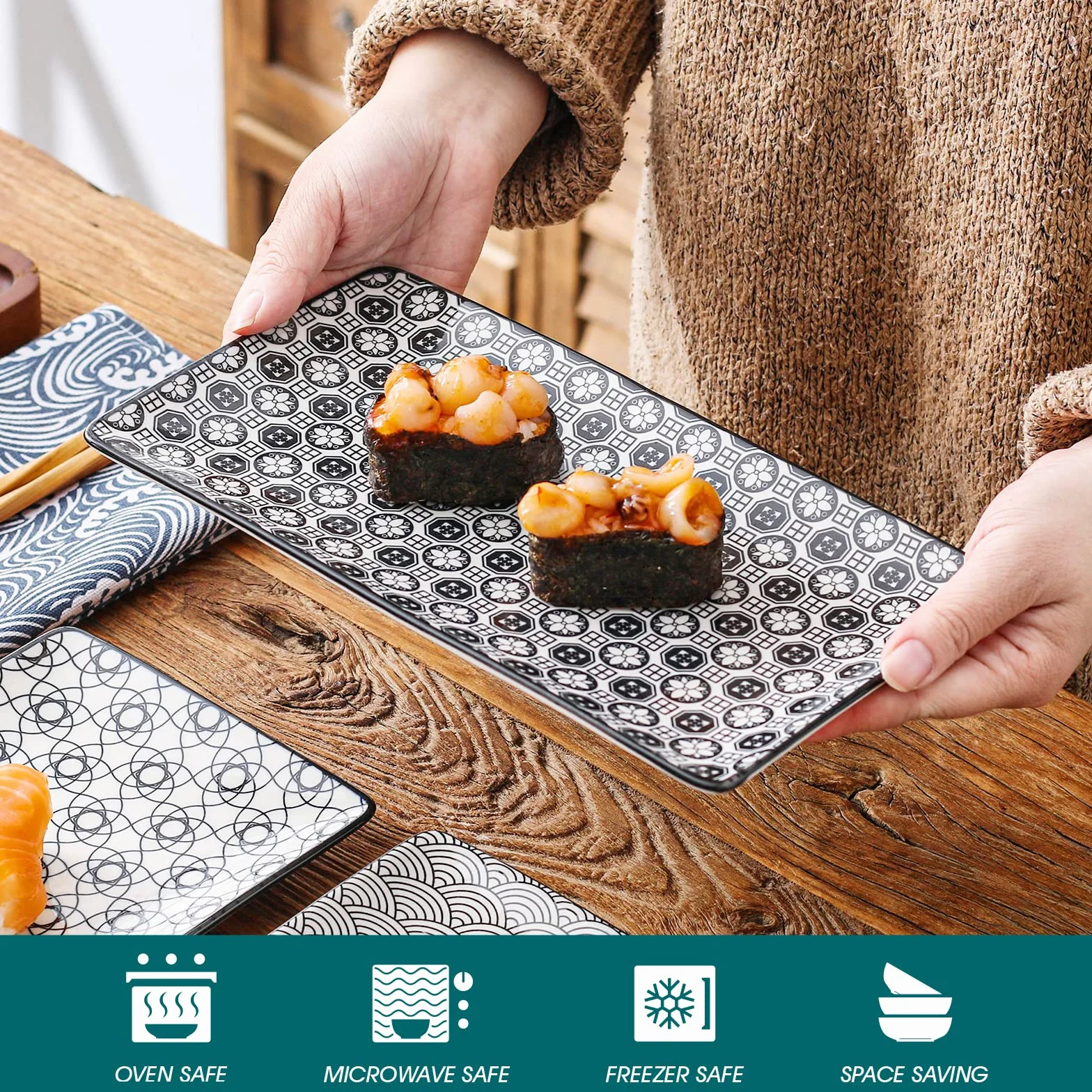 vancasso Haruka Piatti da Portata Rettangolari, 26,8 cm - Servizio Piatti Giapponese per Sushi in Porcellana, Piatti da Portata per Dessert, Antipasti, Sushi e Insalata, Set di Piatti da 4