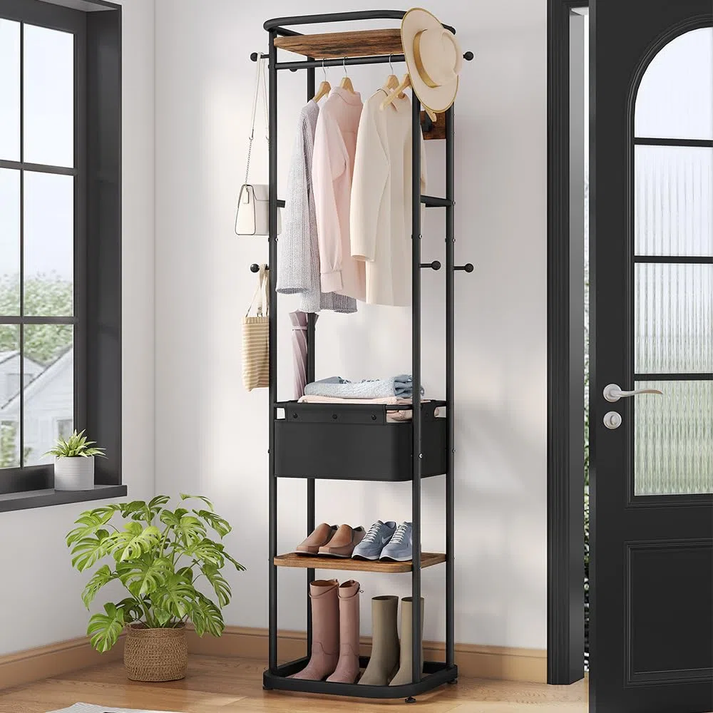 Hzuaneri Appendiabiti, 40 x 44,5 x 182 cm, Attaccapanni da Terra con 3 Ripiani, 11 Ganci e 1 cesto, per sciarpe, borse, cappelli, per ingresso, soggiorno, camera da letto, Marrone Rustico e Nero