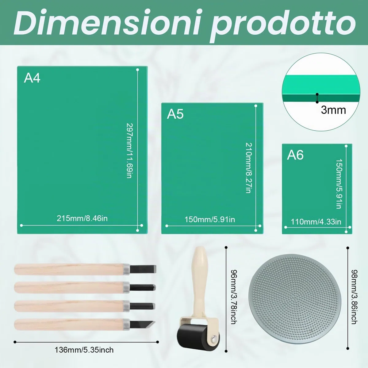Linoleum Set di Fogli di Linoleum, Strumenti per Intaglio Linoleum per Incisione Kit Rubber Carving Block A4 A5 A6 Gomma per Timbri Fai da Te Sicuri per Timbri Artigianato Progetti di Stampa
