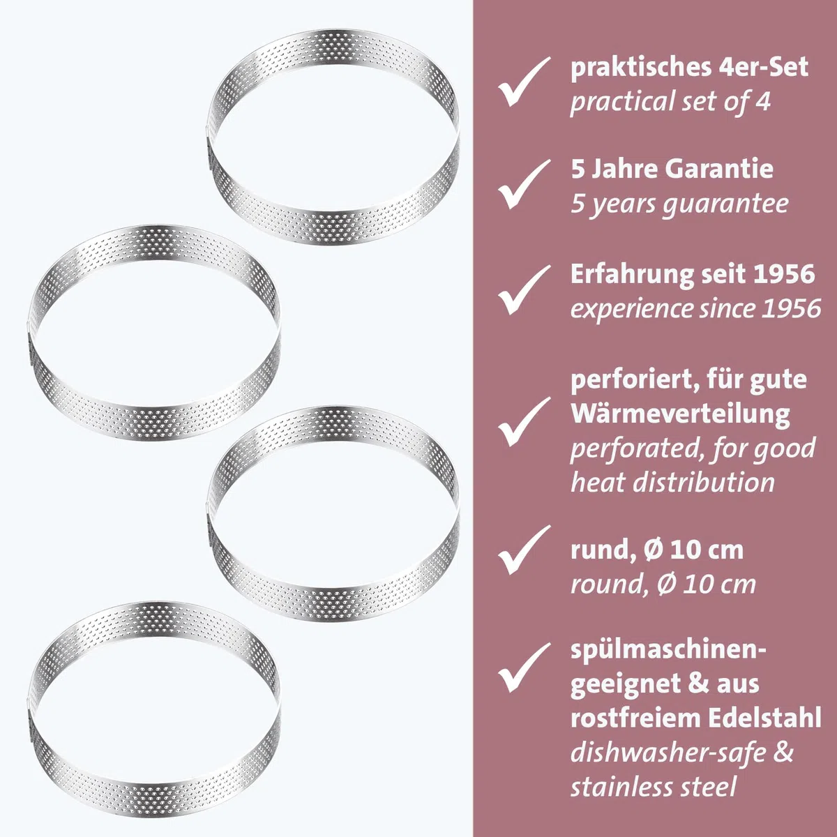 Westmark Stampi per Tartellette, 4 Pezzi – Forme perfette per tartellette e quiche – Risultato di cottura uniforme grazie alla perforazione – Argento, 4 x Ø 10 cm, Cerchio, Ø 10 cm, 4 pezzi