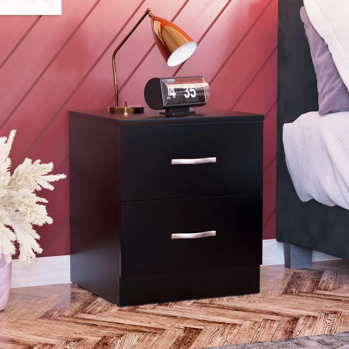Vida Designs, Comodino con 2 cassetti, Maniglie in Metallo e Guide, Sistema Unico Anti-ribaltamento, per Camera da Letto, Colore Nero