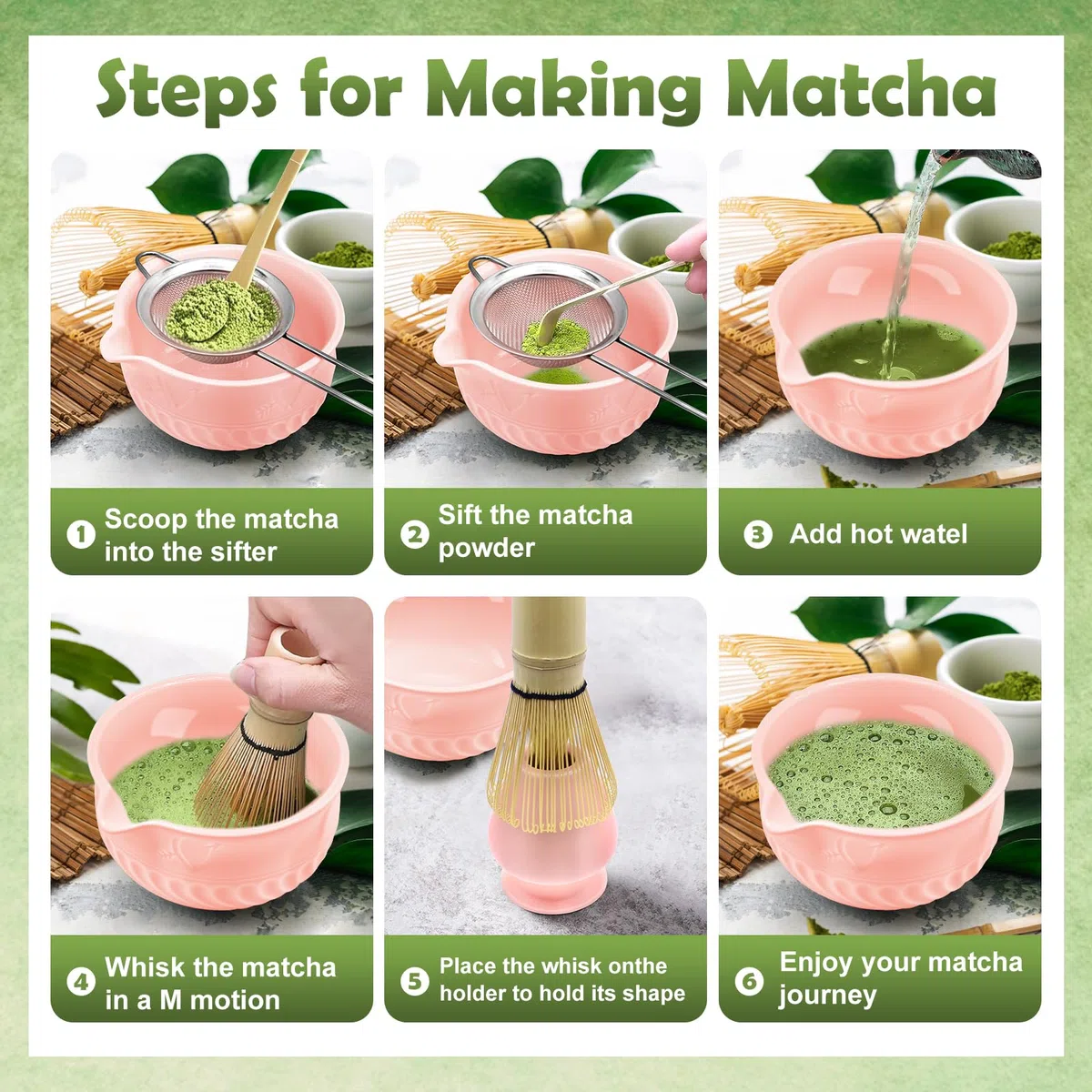 5 pezzi Matcha Kit, Set da tè Giapponese Premium, con Frusta Matcha in Bambù Cucchiaio Ciotola e Supporto, Set Matcha per Gli Amanti del tè(Rosa)