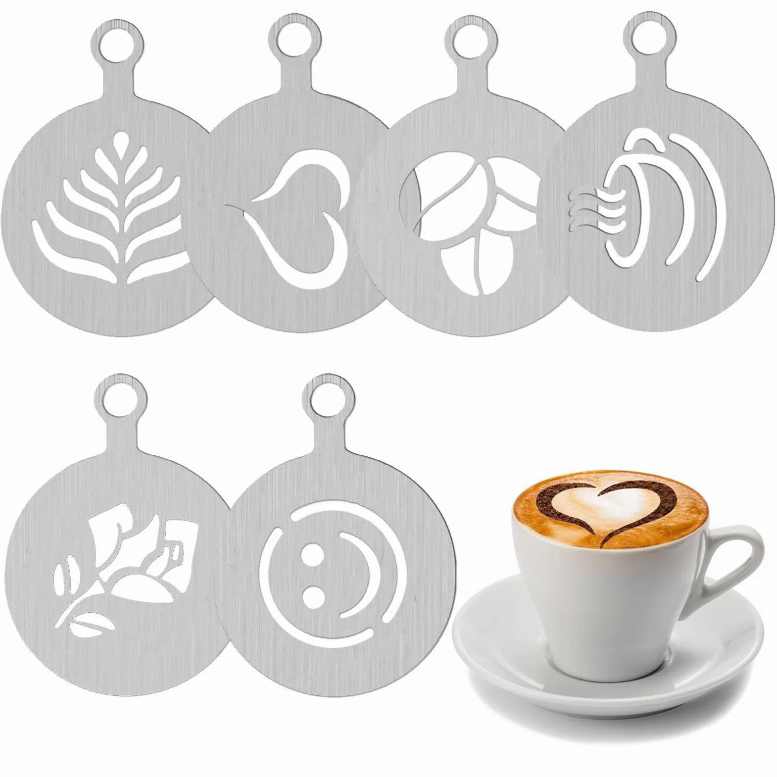 Stencil in acciaio inox a forma di caffè, 6 pezzi, per decorare cappuccino, latte e torte (stile 1)
