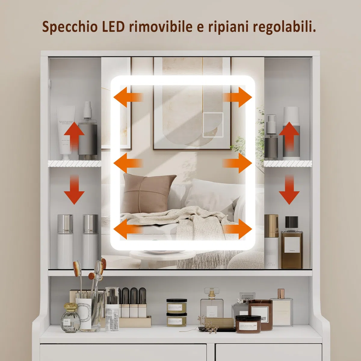 YU YUSING Toeletta Trucco con Luci LED e Specchio 3 Colori, Tavolo da Trucco con Sgabello, 3 Cassetti e 5 Ripiani, Postazione 60cm Vanity Desk for Makeup, Camera da Letto Soggiorno, Moderno, Bianco