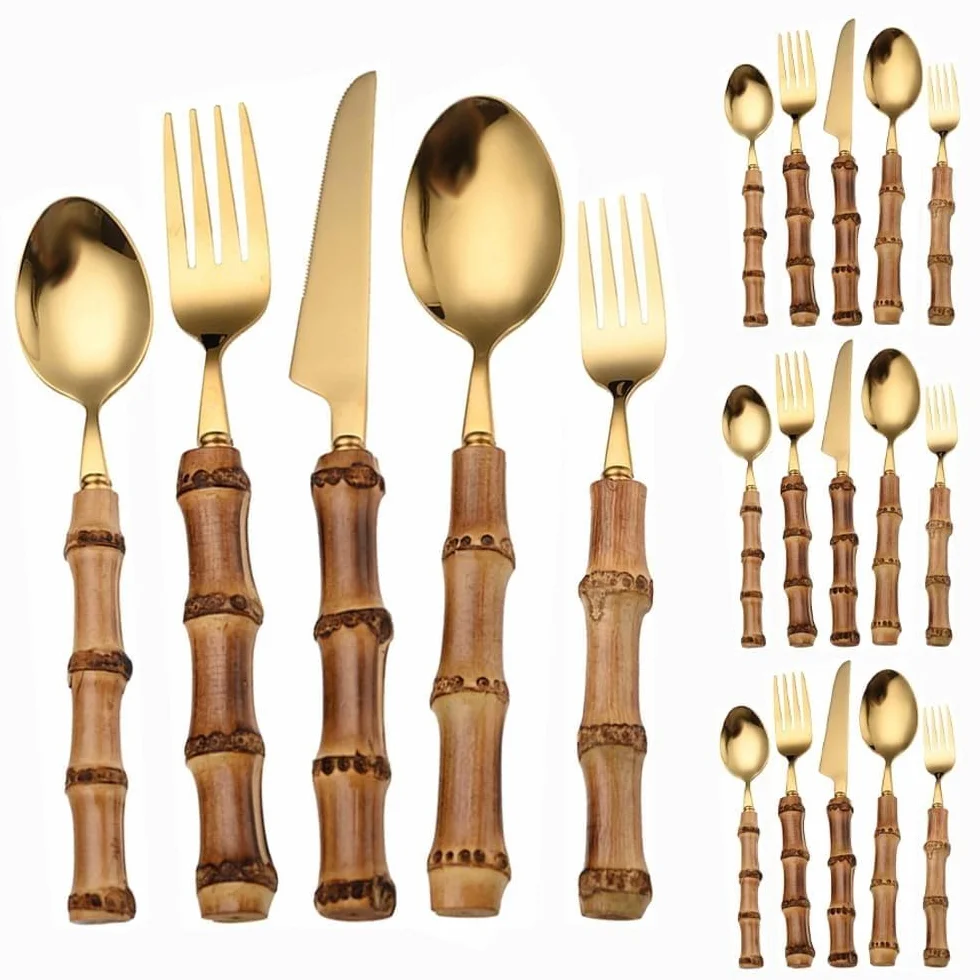 In Primo Piano Manico in Bambù Autentico Cucina Acciaio Inossidabile Posate Stoviglie Posate Coltelli Forchette Cucchiai Set Coltello Da Bistecca Per (Oro,20 pezzi)