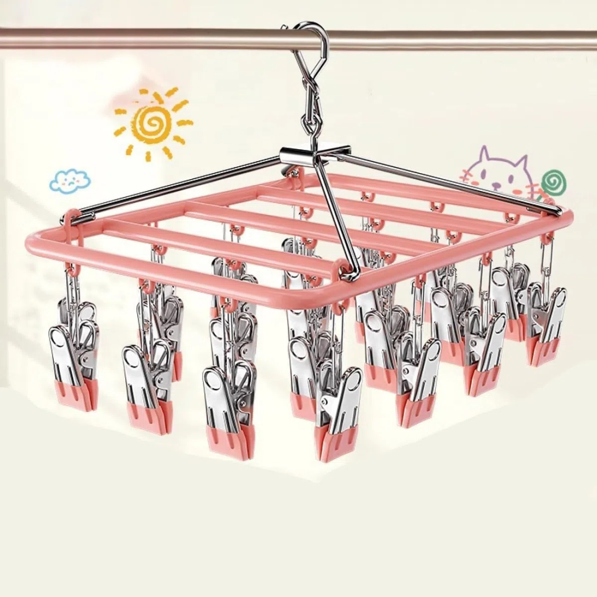Antivento pieghevole rettangolare stendino, Clip in acciaio inox stendino per calzini con 23 clip, Stendibiancheria Con Gancio Girevole, Antivento, Per Calze, Biancheria Intima(23 mollette)(blu)