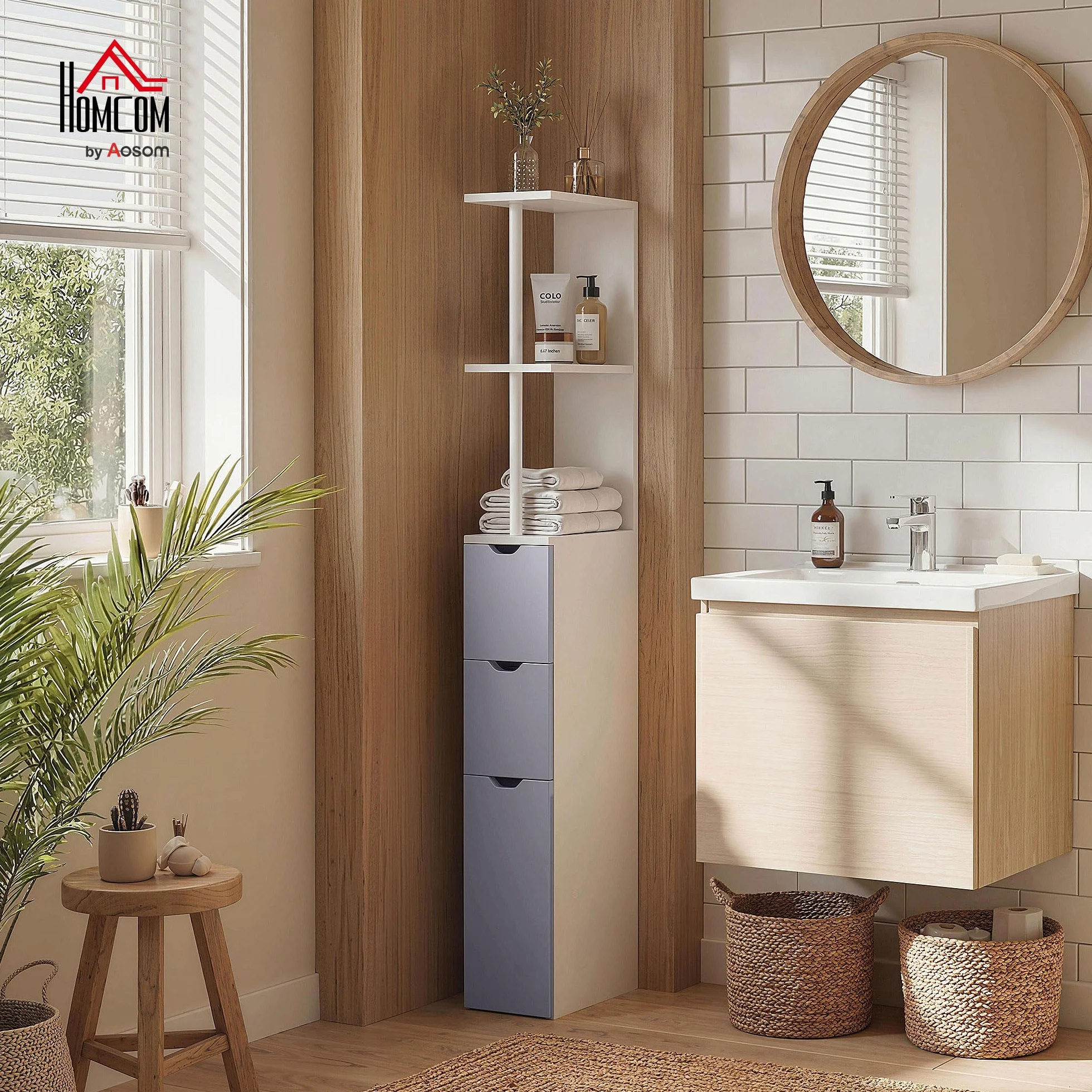 HOMCOM Colonna Bagno, Mobile Bagno Salvaspazio in Legno, Mobiletto con Armadietto, Ripiani e Cassetti, 15x33x136.8 cm, Grigio Chiaro