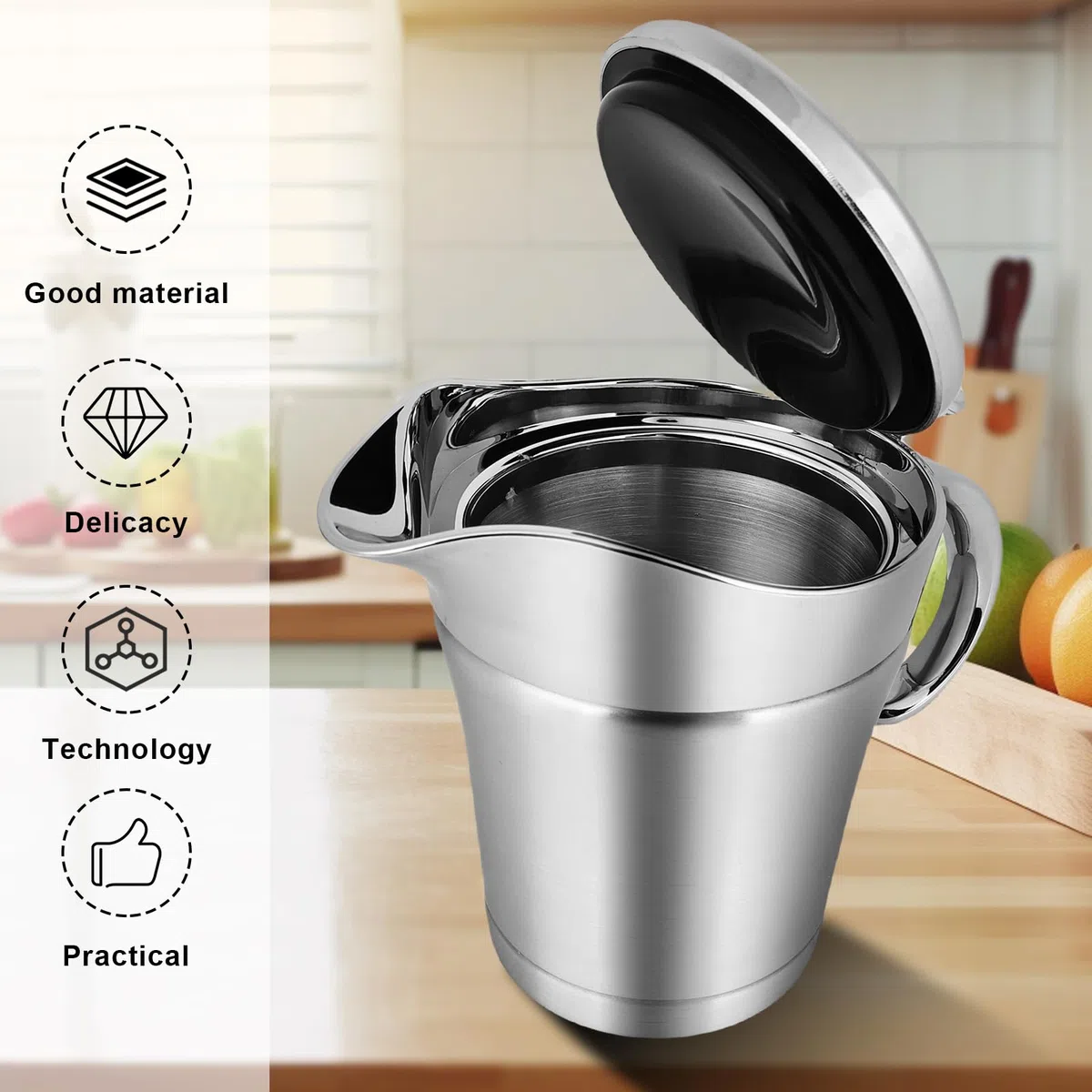 Salsiera termica in acciaio inox, con coperchio ribaltabile, 750 ml, ciotola per salsa in argento, doppio isolamento, vaso per salsa termica, posacenere per crema alla vaniglia, salsa maionese, latte