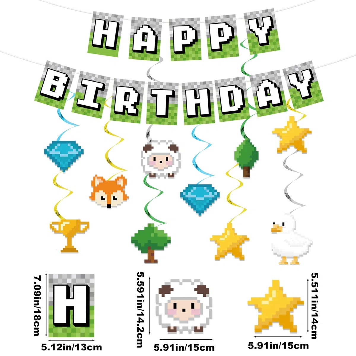 Striscione di Buon Compleanno Pixel, Striscione di Buon Compleanno Pre-Infilato a Tema Gaming con 10 Spirali Appese per Decorazioni Feste Pareti Casa e Porte