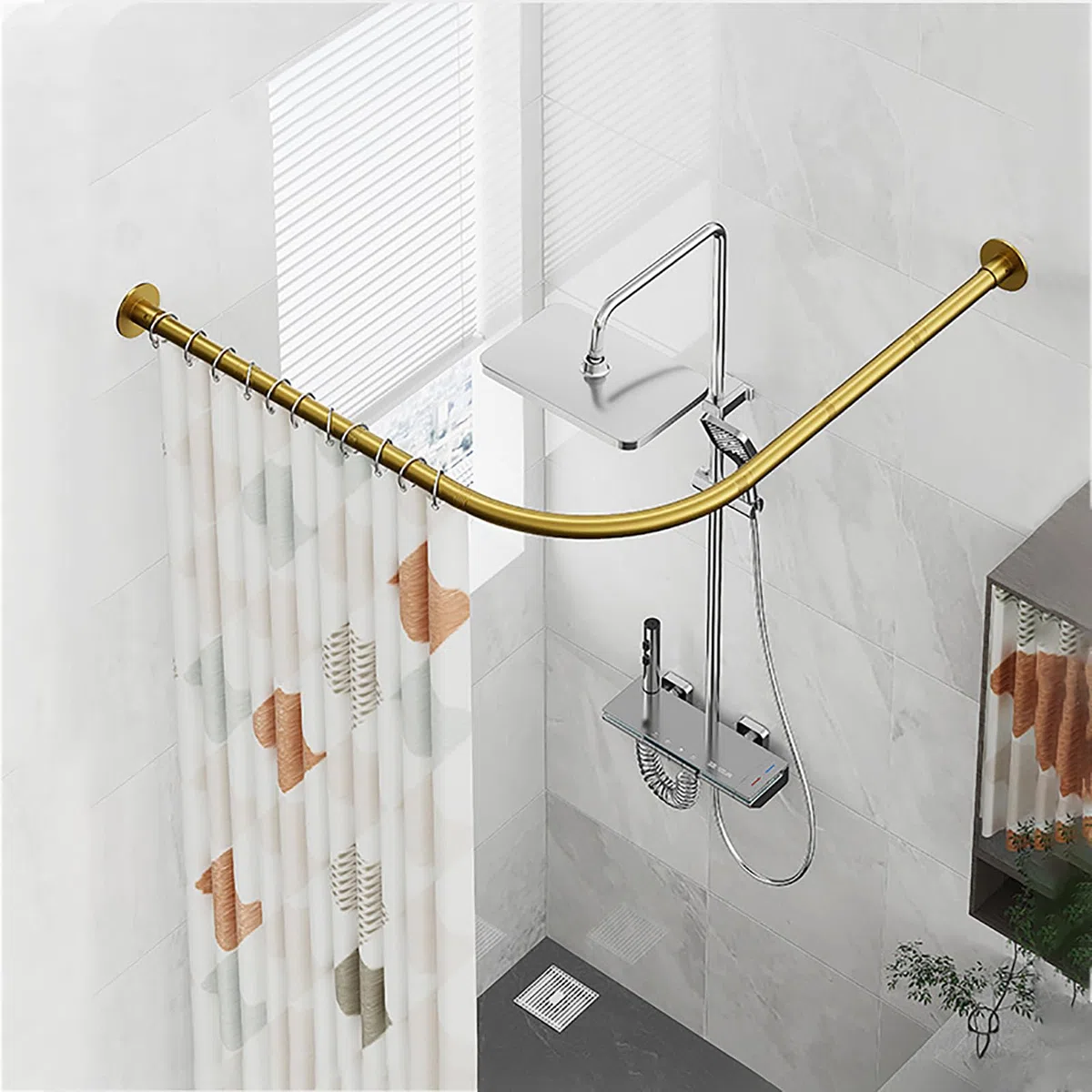 Bastone Tenda Doccia Angolare, 70 X 70 Cm Asta per Tenda Doccia Senza Foratura, Asta Tenda Doccia L Forma in Acciaio Inossidabile, Supporto Tenda Dorato Doccia per Bagno Spogliatoio