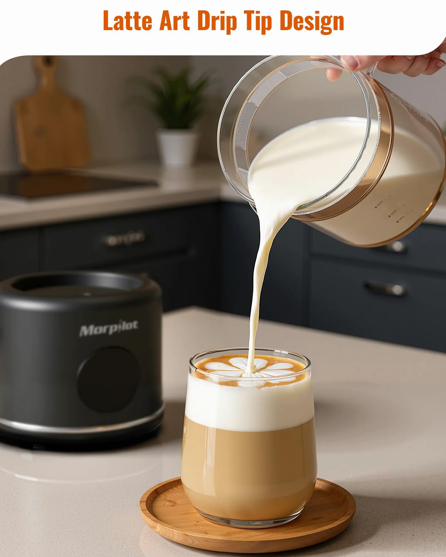 Milk Frother, Morpilot Montalatte Elettrico in Vetro, 6 in 1 Funzione, Capacità 250ml Per Schiumare o 500 ml Per Riscaldare Latte, Design Diviso, Nero
