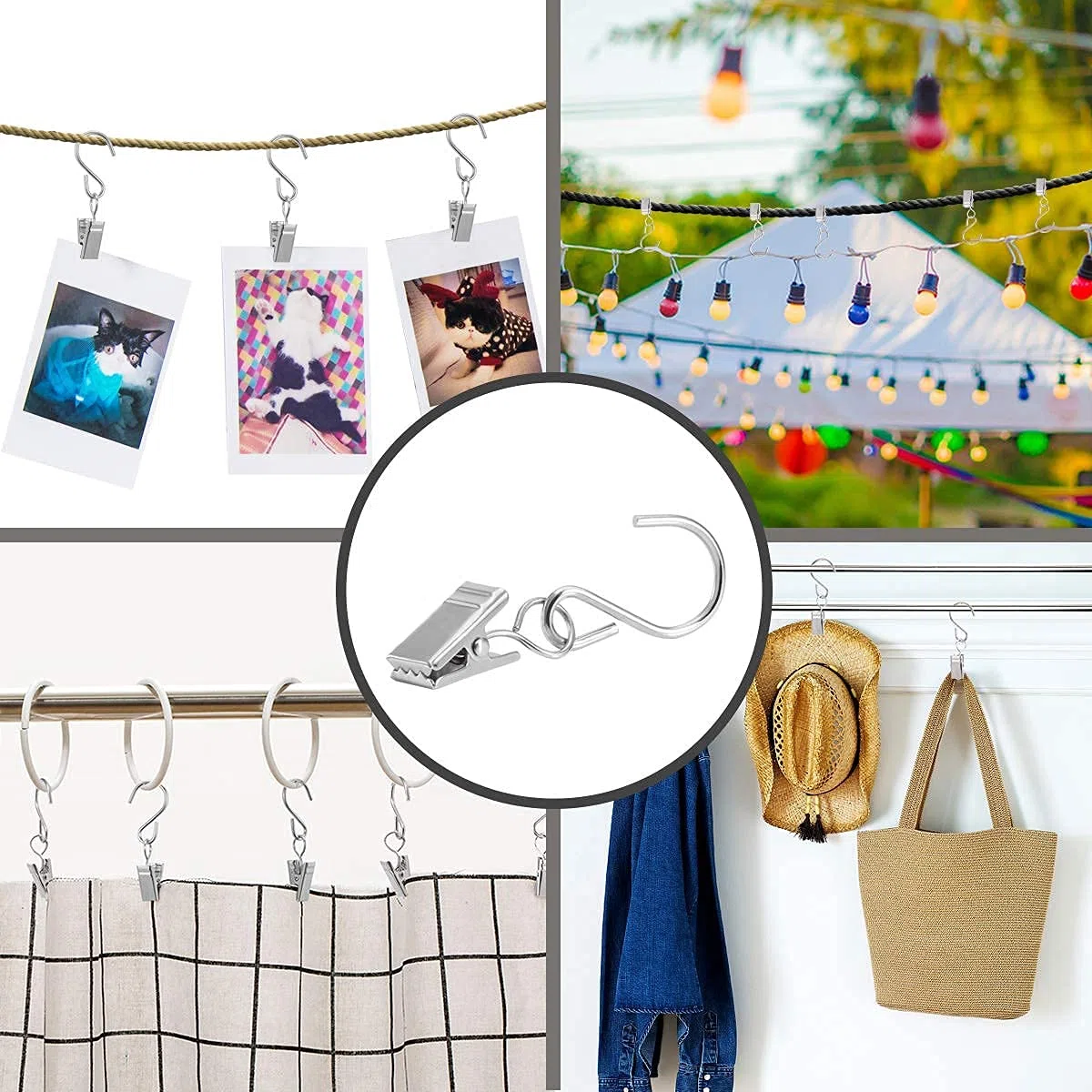 40 Pezzi Clip per Tenda con Ganci,Ganci Appendiabitiv in Metallo, Mollette Metalliche con Ganci,Clip per Foto con Scatola (Argento)