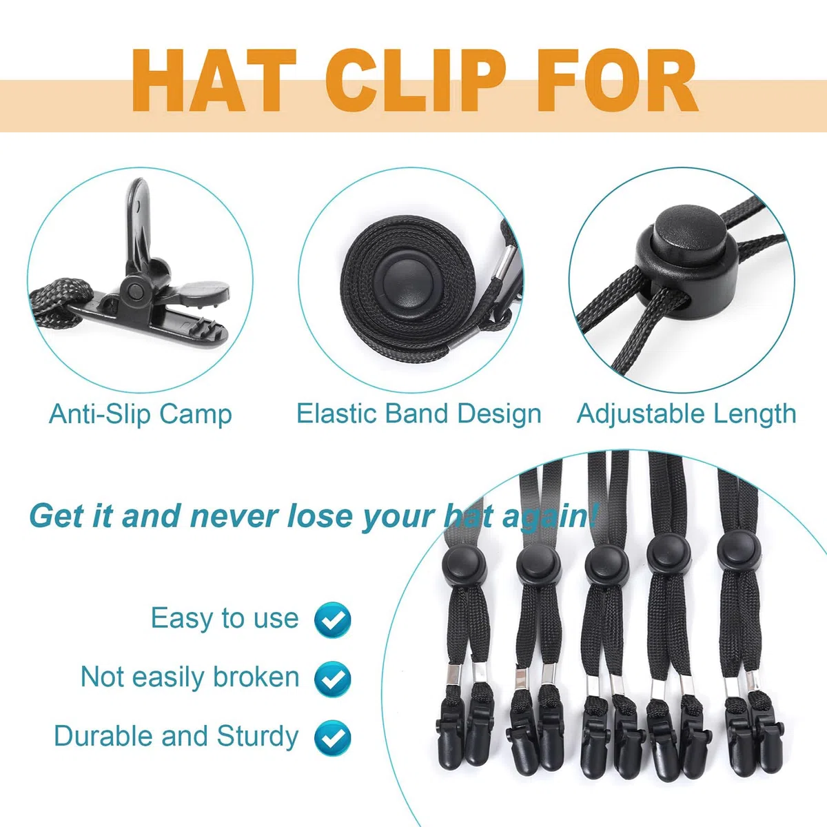 Calkrer 5 pezzi clip per cappelli regolabili, cappelli elastici con sottogola rimovibile; clip per cappelli per vento, corda per cappelli da corsa.